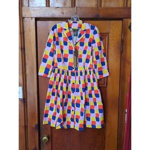 NWT Nooworks Betty Grid Print Dress 3/4 Sleeve Collar Button Multicolor Sz‎ Med